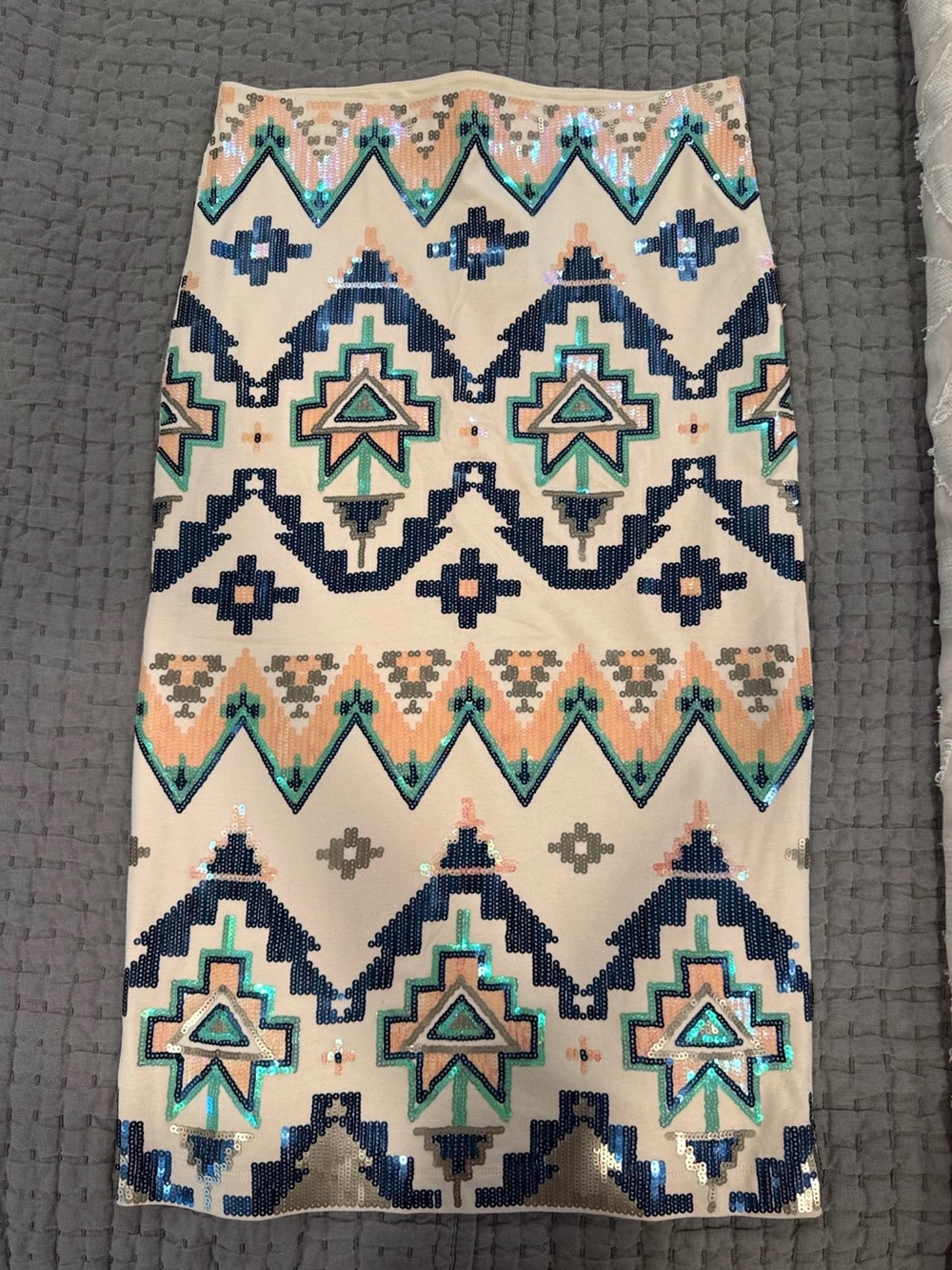 Express Sequin Aztec Pencil Skirt in Beige, Navy, Teal & Peach